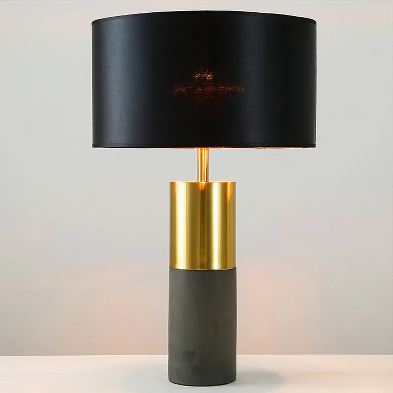 Modern Vintage LED Table Lamps for Living Room Bedroom Bedside Black Drum Fabric Shade Nightstand Lamp Cement Table Light MYY