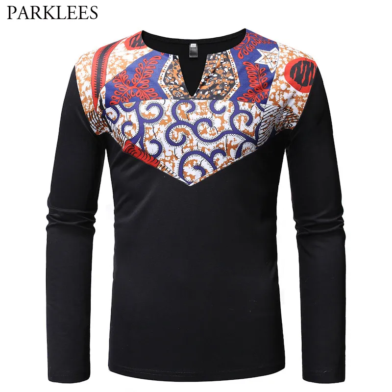 Patchwork africain Dashiki imprimer T-shirt hommes 2019 flambant neuf à manches longues T-shirt hommes décontracté vêtements africains Camiseta Masculina XXL