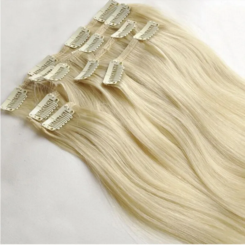 DHL Silk Prosto Brazylijskie nieremiczne włosy Platinum Blond Kolor 60 Ludzki Klips w przedłużaniach 70 gram 12 do 24 cali
