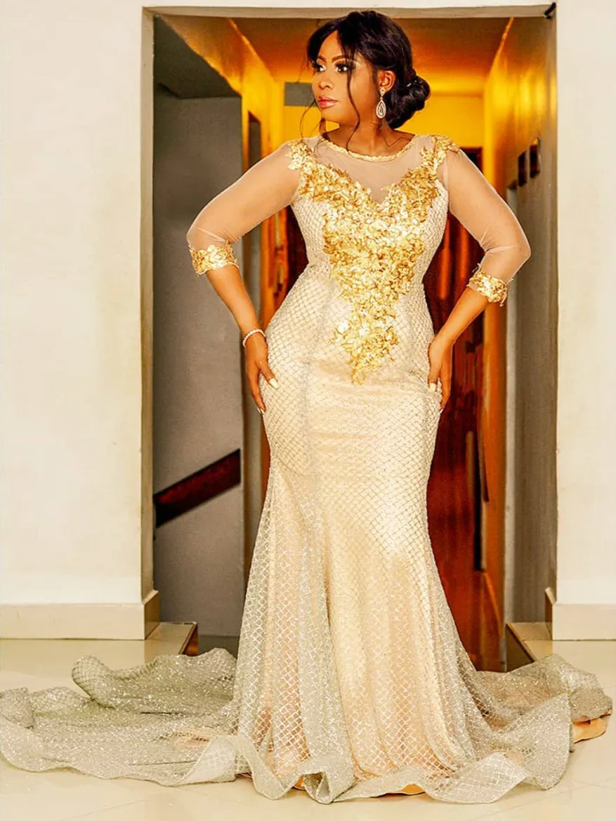 arabic aso ebi plus size gold sparkly mermaid evening dresses sheer neck prom dresses lace formal party second reception gowns zj2298h