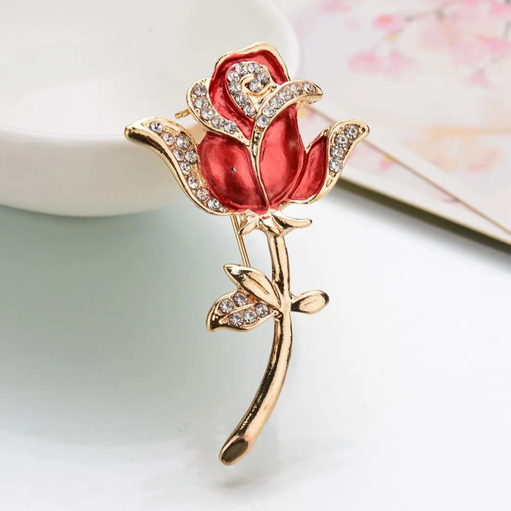 Crystal Red Rose Pins Rhinestone Flower Brooch Women Clothing Accessories Cute Women Wedding