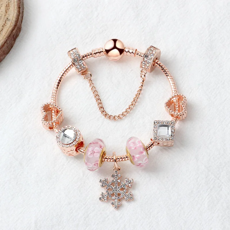 Stränge Roségold, lose Perlen, Schneeflocken-Anhänger, Armreif, Charm-Perlenarmband für Mädchen, DIY-Schmuck als Weihnachtsgeschenk