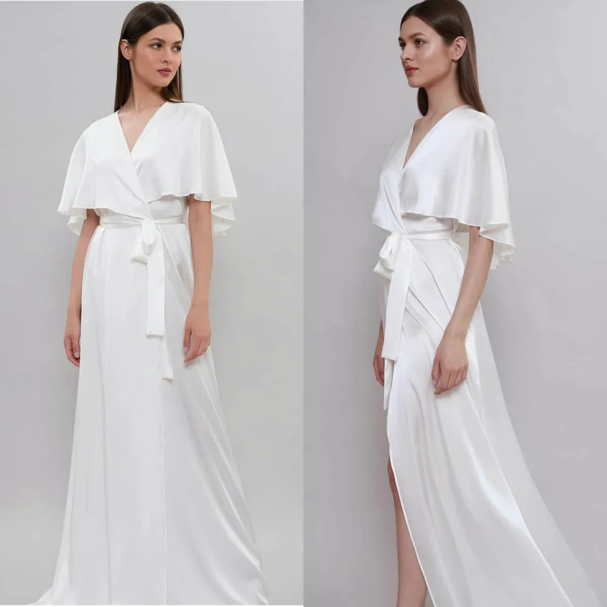 Cheap White Wedding Robes V-neck Ruffle Satin Bathrobes Pajamas Sleepwear Custom Made Ankle-length Night Gown For Women Hot Sell