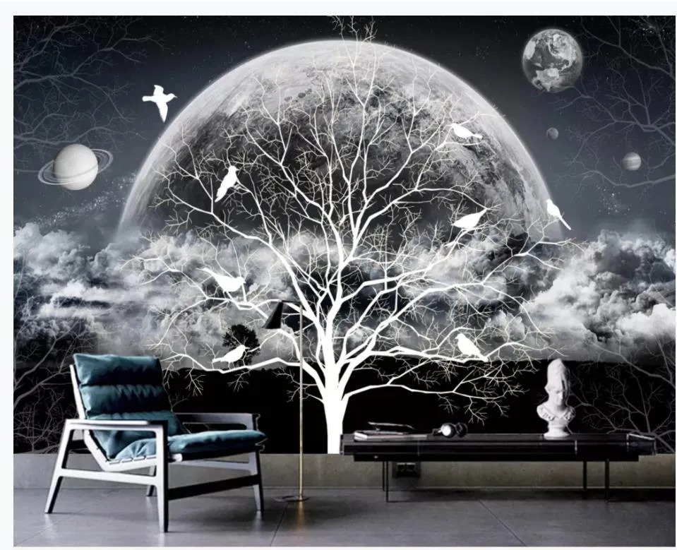 beautiful scenery wallpapers European retro black and white abstract tree mural background wall