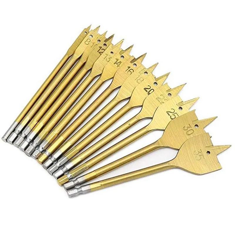 Freeshipping 13 pcs / set Flat Spade Drill Bits Set Titanium Coating Wood Boring Bit 1/4 pouce Hex Shank Woodworking Power Tool Accessoires