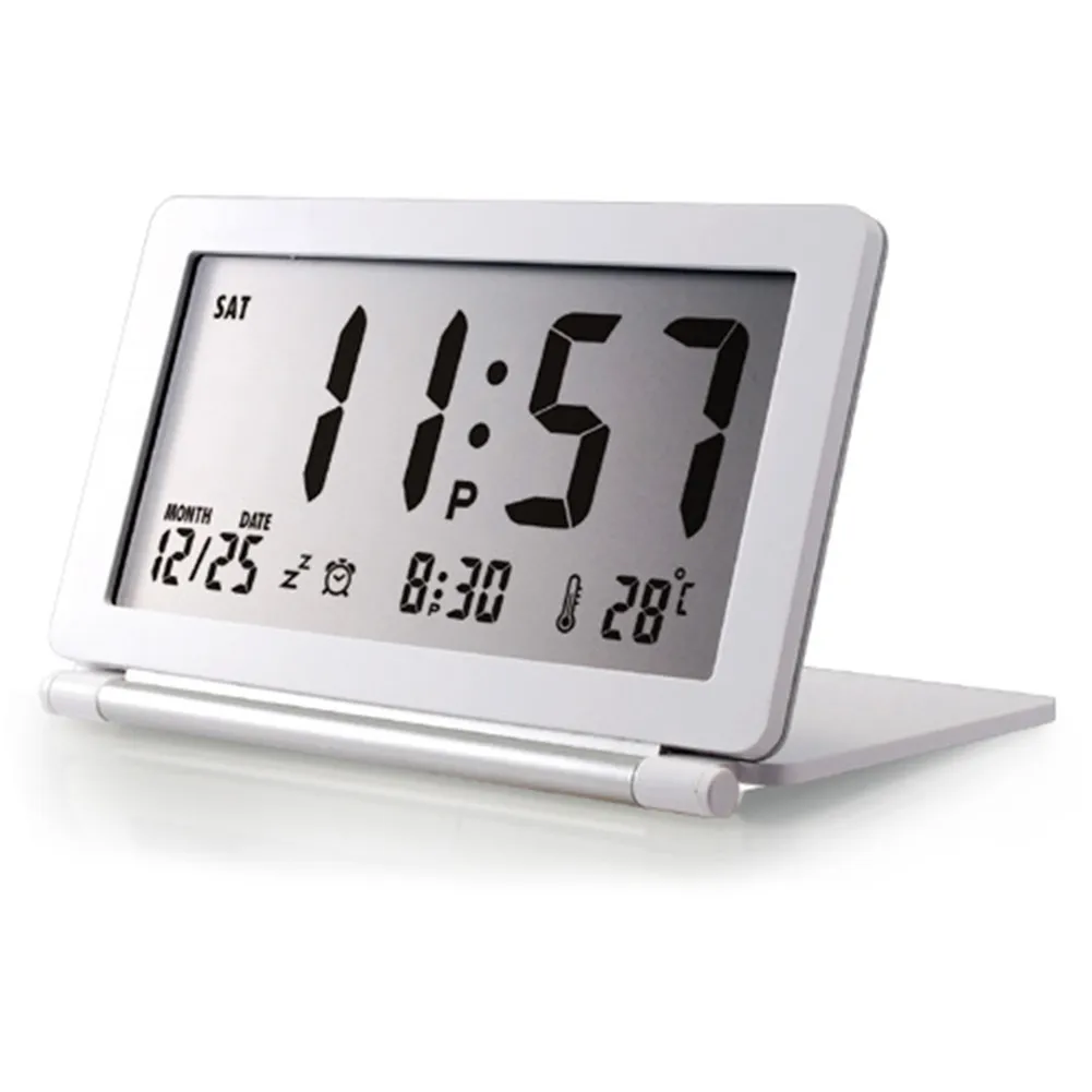 Display LCD Desk Silent Digital Pieghevole Temperatura Sveglia Sveglia Flip Travel Electronic Home Office Mini calendario