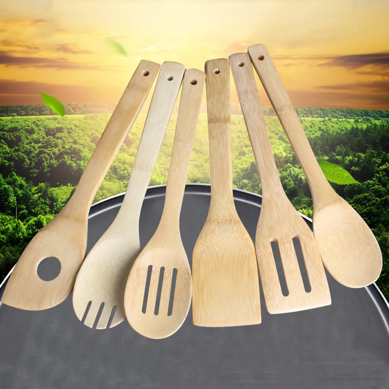 Miljövänlig trä soppa skedar Bamboo Spoon Spatel 6 stilar Kök köksredskap Turnter Slits Blandning Hållare Skovlar BH3183 TQQ