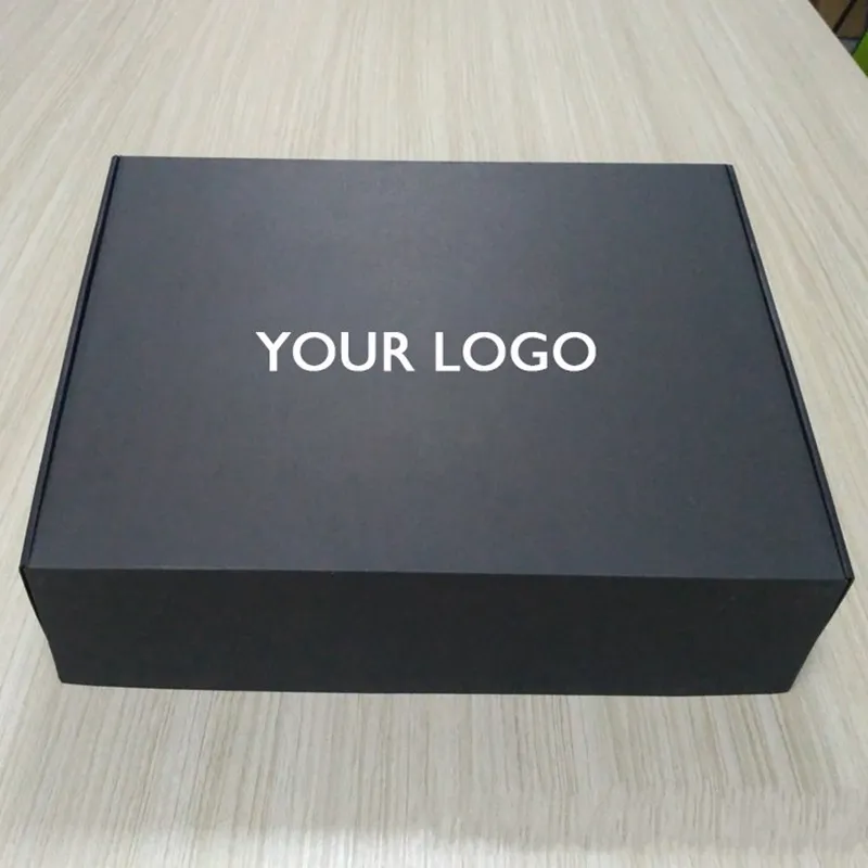 100 stks / partij aangepaste zwarte golfkartonnen dozen met logo mailer box verpakking kleding haar pruiken cadeau