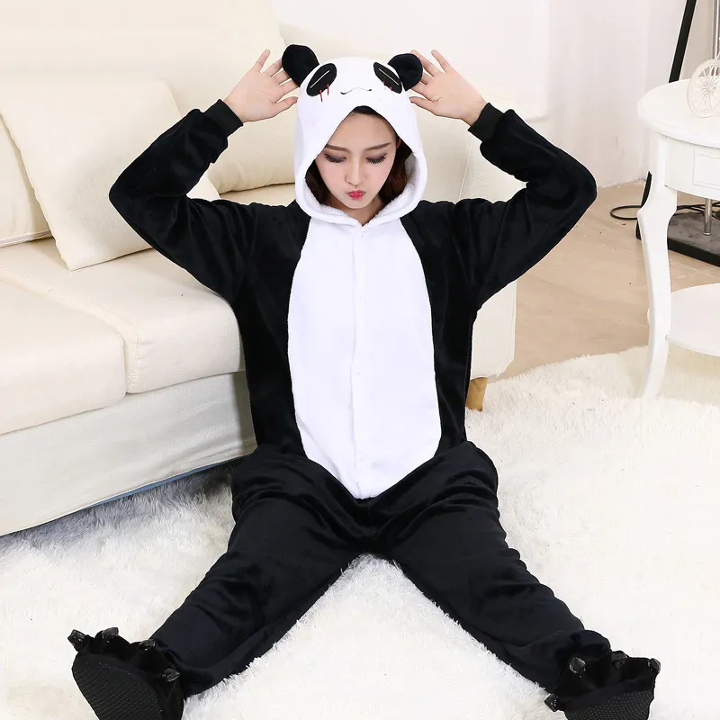 Panda Onesie Adult Women Men Couple Animal Pajama Black White Cute Sleepwear High Quality Thicken Flannel Warm Home Party Suit