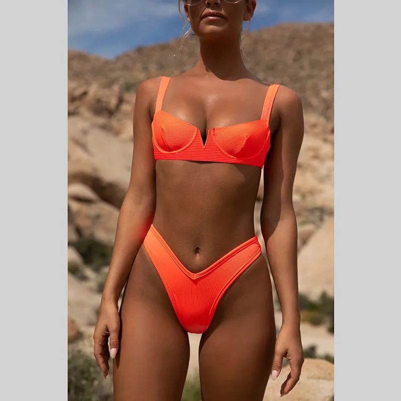 Fluorescent Bikini Suits Girls Push Up Padded Two Pieces Biquini
