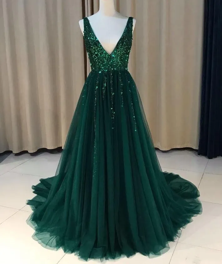 Sequin Beaded V-Neck A-line long green evening dress with Zipper Back - HY4280