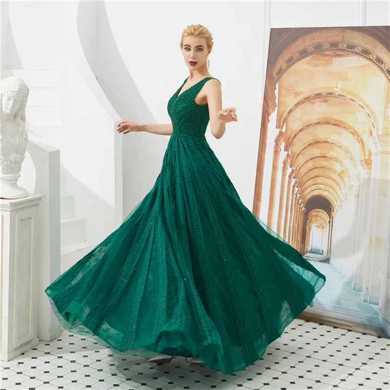 Luxury lace dark green prom dresses 2019 sleeveless evening dress with beading ball gown floor length lace up cocktail dress backless