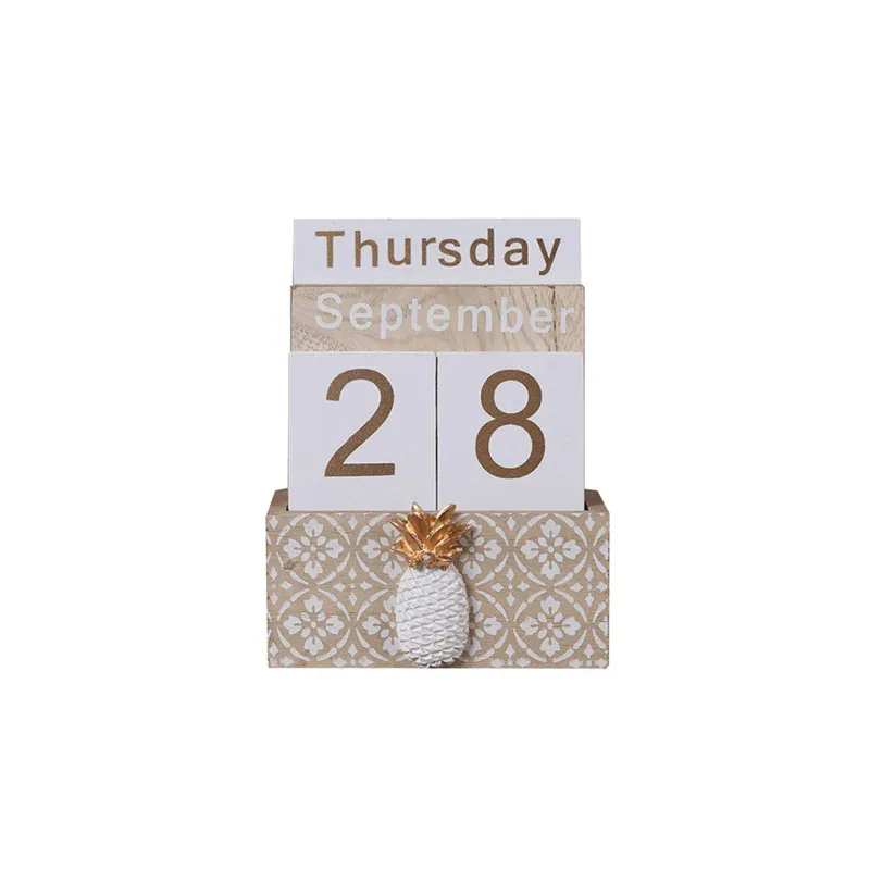 Pineapple Cactus Perpetual Desk Calendar Vintage Wooden Block Month Week Date Blocks for Home Office Shop Decoration