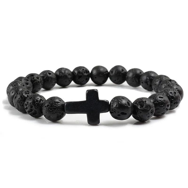 Trendy Jezus-Cross Charm Blue Turkooizen Mannen Armband Zwart Lava Stone 8mm White Beads Armbanden Armbanden voor Dames Sieraden