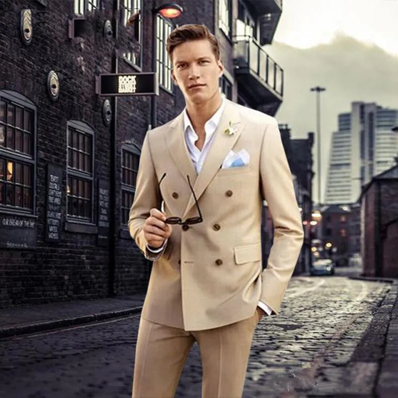 New Khaki Men Suits Wedding Groom Tuxedos with Double Breasted 2 Pieces (Jacket+Pants) Bridesmaid Suits Best Man Blazer