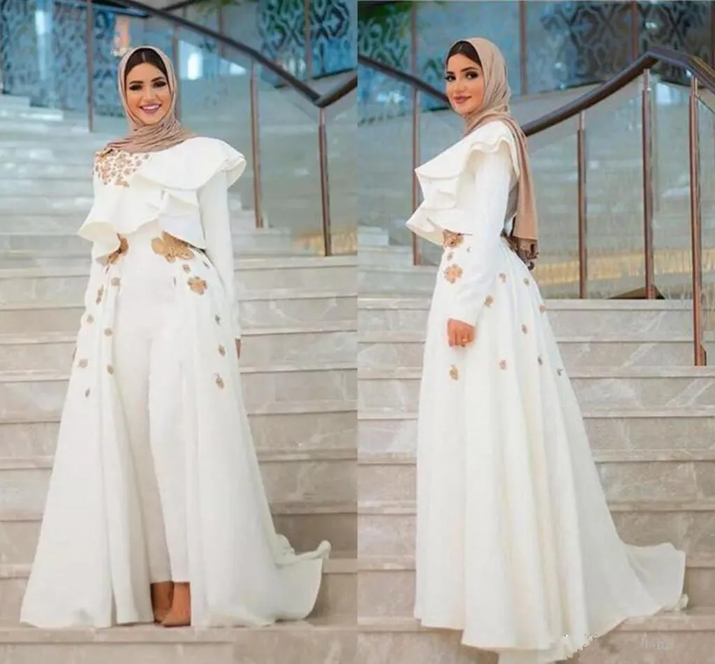 2019 nieuwe lange mouwen appliques arabische jurken avond formele slijtage lange mouwen jumpsuits prom jurk met overskirt goedkope vrouwen broek pakken