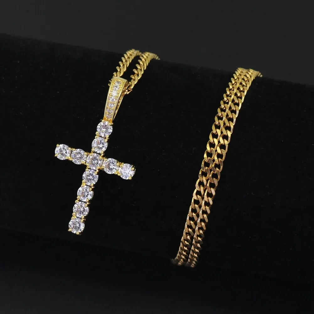 Hip Hop Cross Diamonds Pendant Neckor For Men Womens Gift Necklace Jewelry Gold Plated Copper Zircons Cuban Link Chain