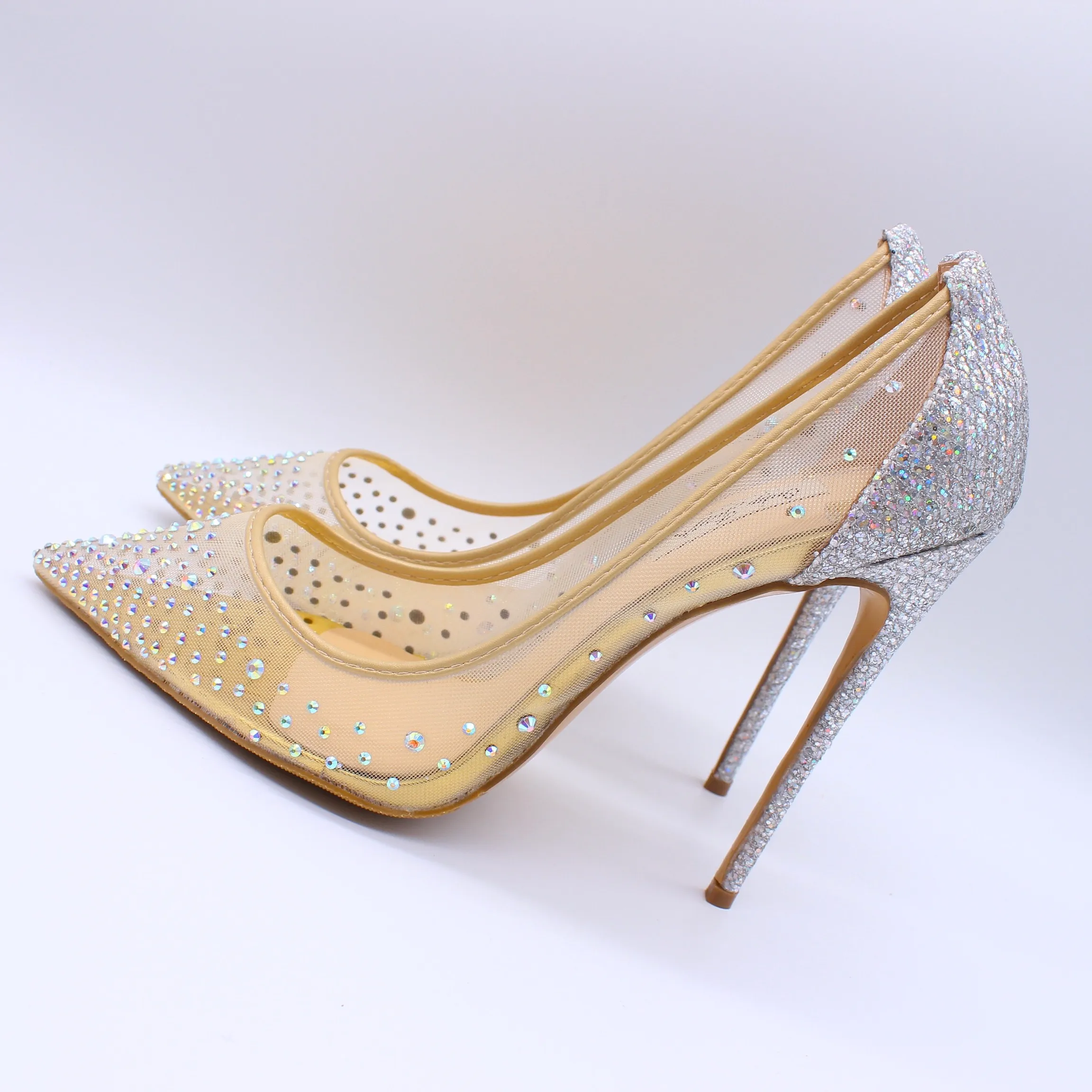 Hot Rea-mode dam pumps Nude Mesh strass Strass spetsad tå höga klackar sandaler skor stövlar brud bröllop pumps 120mm 100mm