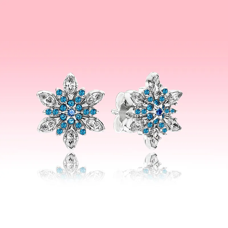 Blue CZ diamond snowflake Stud Earrings luxury designer Women Jewelry for Pandora 925 Silver Earring with Original box set