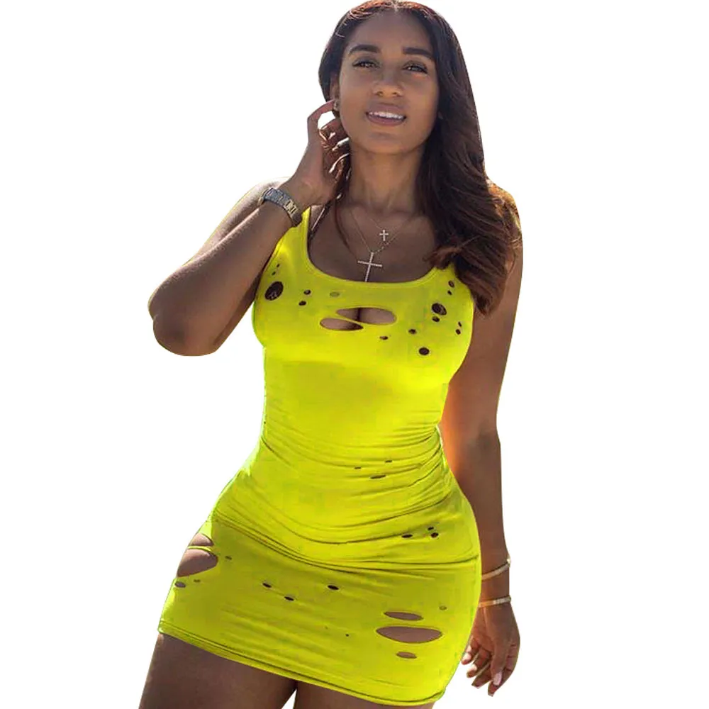 Mulheres do partido Tanque Vestidos Sexy Summer Fashion Buraco mangas Bodycon Evening Clube Mini Dresss Mulheres Vest