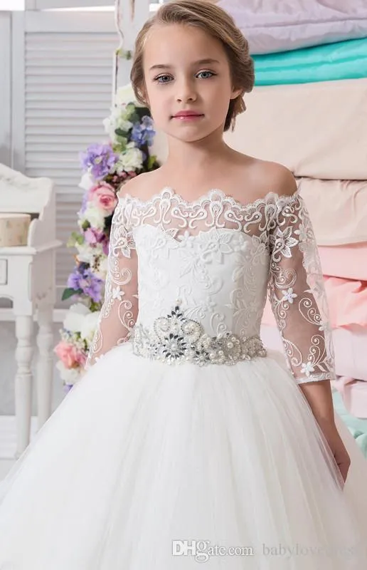 Lovely Princess Flower Girl Dresses Sweep Train Child First Communion Gowns for Wedding with Lace Appliques Kids Party Wear Custom232B