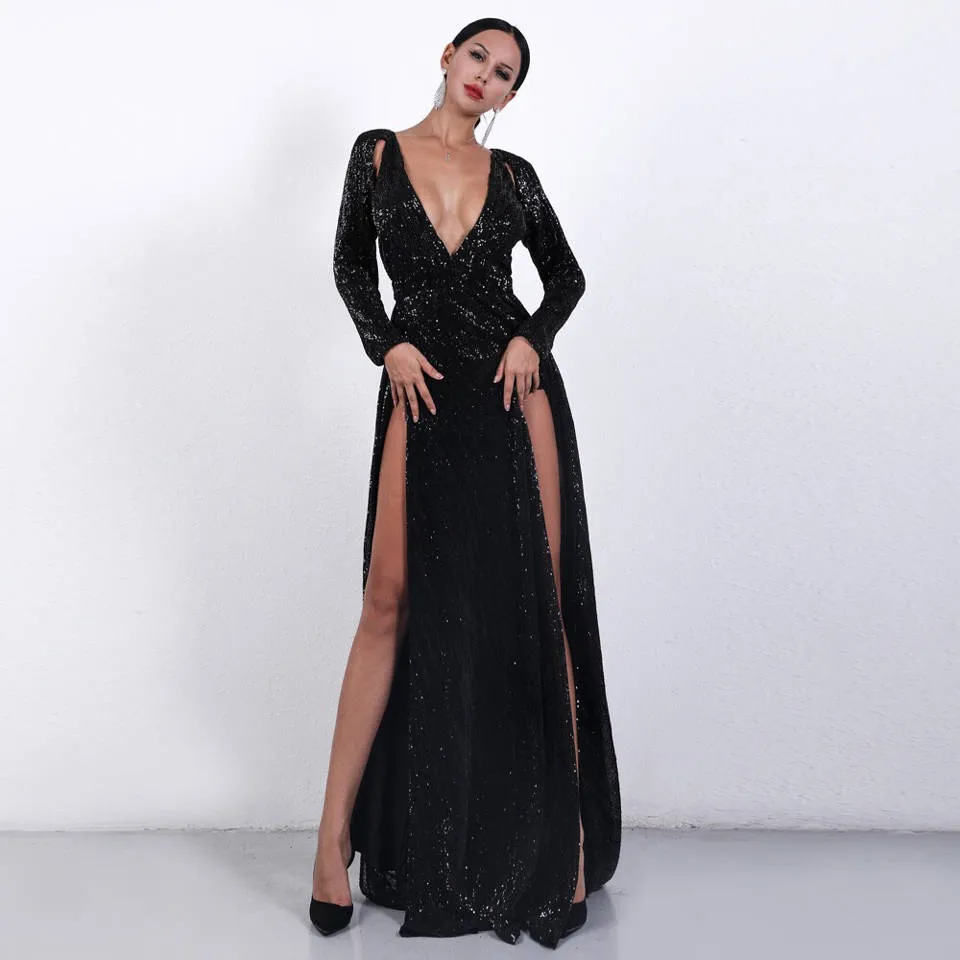 Evening dress Yousef aljasmi Maxi Dresses Spaghetti Strap A-Line Split Panelled Sequins Sexy deep V hollow-out pleated slit sequined evening