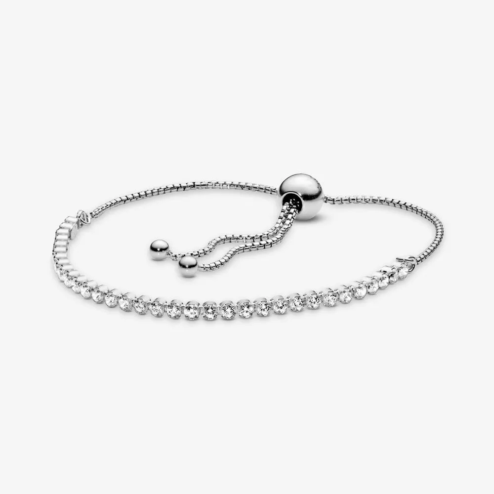 100 % 925 Sterling Silver Glittrande Kedja Justerbar Slider Tennis Armband Pave Cubic Zirconia Mode Kvinnor Bröllop Förlovning Smycken Tillbehör