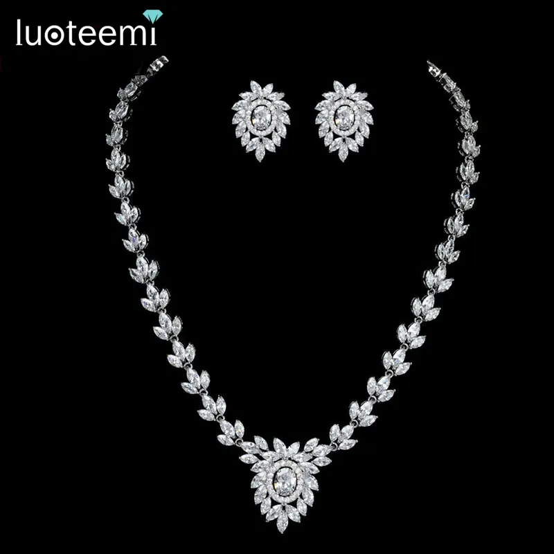 LUOTEEMI New Noble Jewelry Sets White Gold-Color Clear CZ Leaf and Flower Pendant Necklace for Women Bridal Wedding Accessories Gift