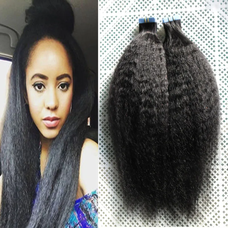 Bande yaki grossière dans les extensions de cheveux cheveux humains 100% vrais Remy 40 pièces trame de peau droite crépus adhésif européen cheveux PU 16 "18" 20 "