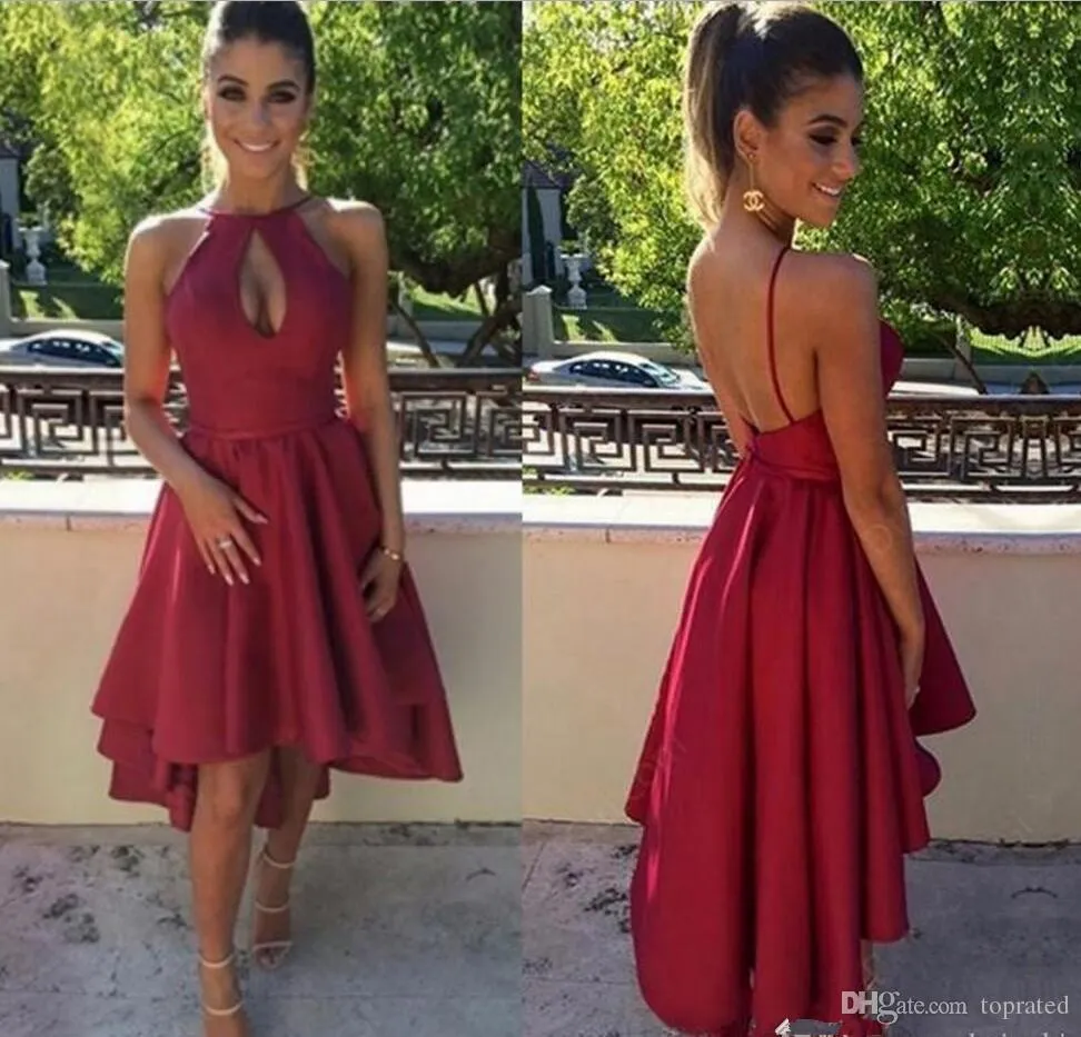 Hi-lo Dark Cheap Red Prom A Line Halter Neck Backless Tea Length Tail Dresses Sweet 16 Formal Party Gowns