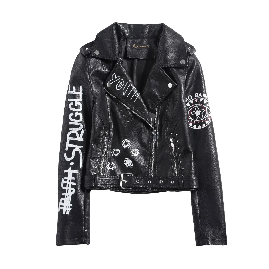 Women's Pu Leather Jackets Rivet Zipper Print Punk Motorcycle Biker Sequined Adjustable Waist Spliced Woman's Coats Short Slim Outerwear WP0