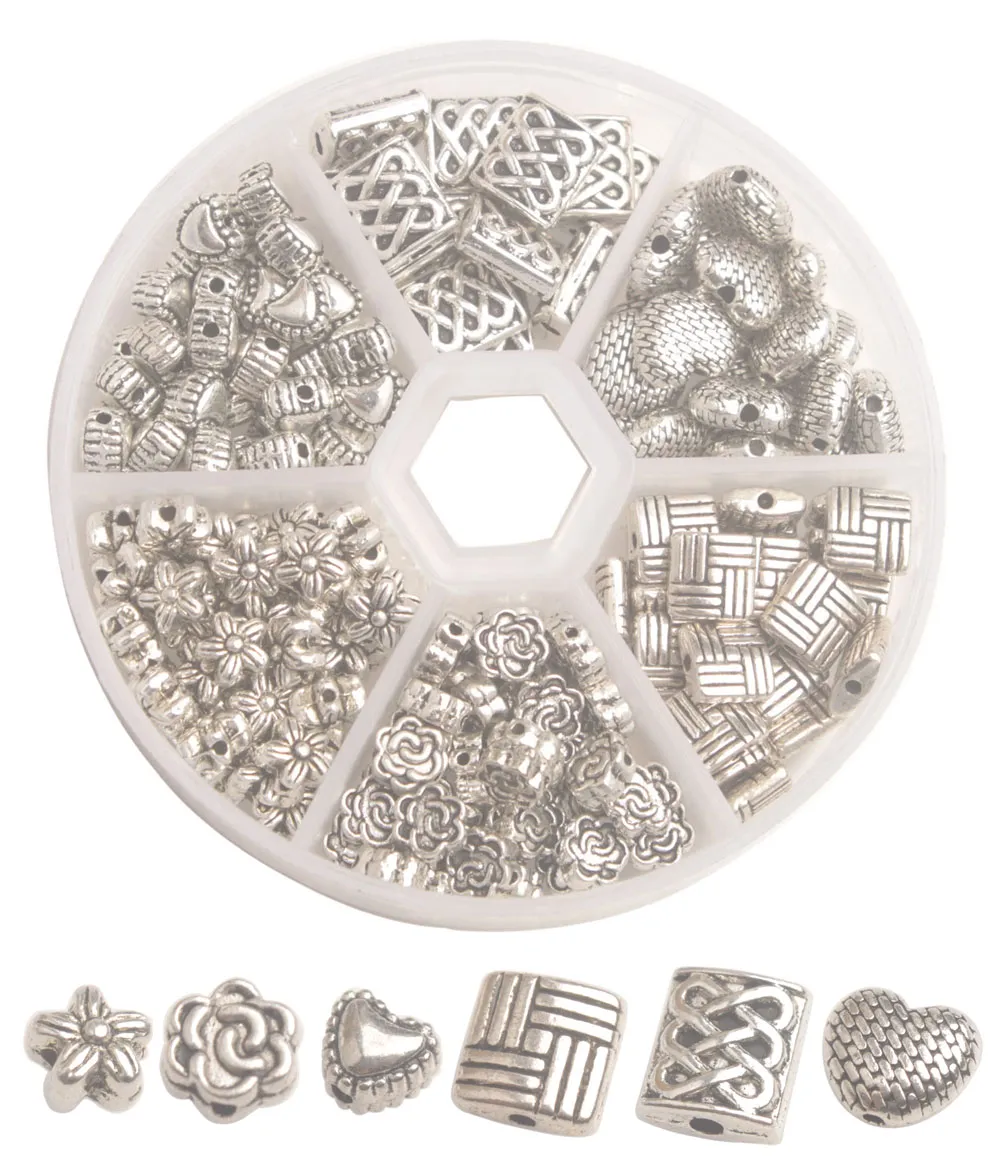 Una scatola di 185PCS argento Antiqued Perle distanziali in metallo per la produzione di gioielli