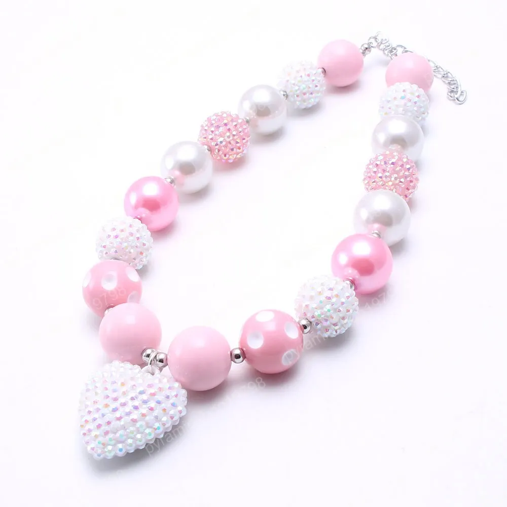 Amour Coeur Pendentif Bébé Enfant Chunky Collier Rose + Blanc Fille Enfants Bubblegum Chunky Perle Collier Enfants Bijoux