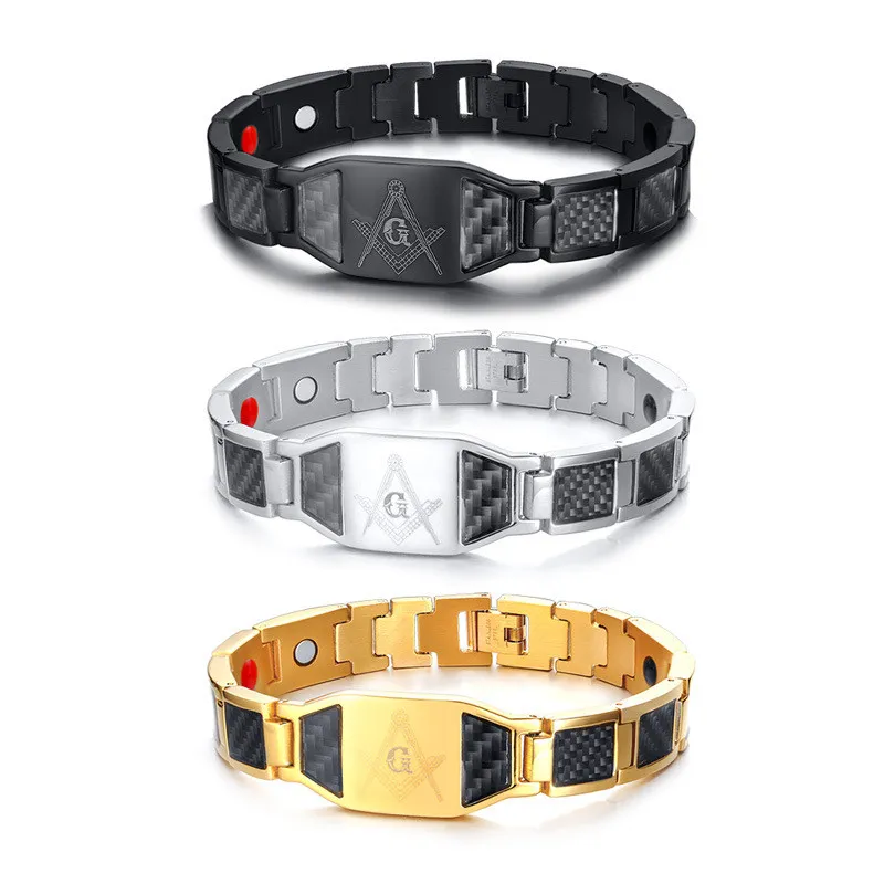 Man roestvrij staal zwart goud zilver magnetische link ketting armband power energie vrijmetselaar metselaar symbolen koolstofvezel vrijmetselaar bangle armband gezondheidsvoordelen