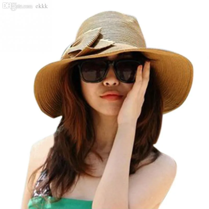 Mode-Großhandel-Neue Sommer Stil Frauen Falten Sommer Strand UV Kappe Wideowknot Floppy Stroh Sonnenhut -5