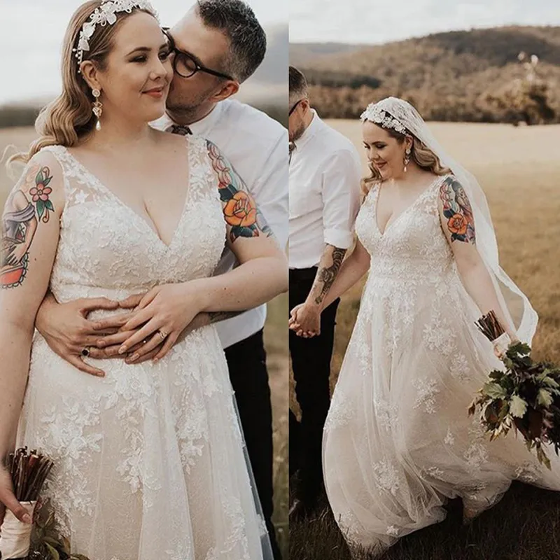 Vestidos de novia bohemios de talla grande, apliques de encaje con cuello en V, vestidos de hadas para vacaciones en la playa, vestidos de boda campestres 2020