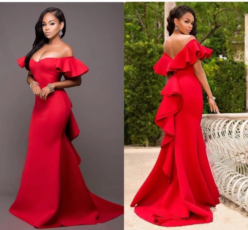 Gorgeous Red Mermaid Long Bridesmaids Dresses Off the Shoulder Ruffles Backless Maid of Honor Floor Length Satin Wedding Party Dress Plus Size