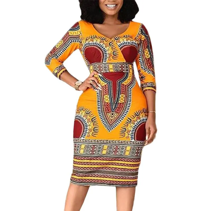 Printemps été femmes 2020 décontracté grande taille mince Style National africain robes élégant Sexy col en V crayon longue robe de soirée