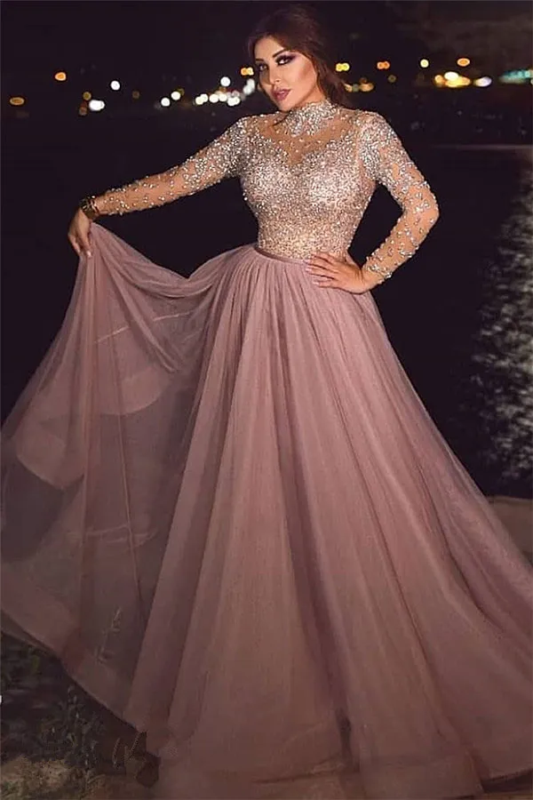 Arabic Luxury High Neck Tull A Line Long Evening Dresses 2020 Illusion Long Sleeves Beaded Stones Sweep Train Formal Party Prom Wear Dresses