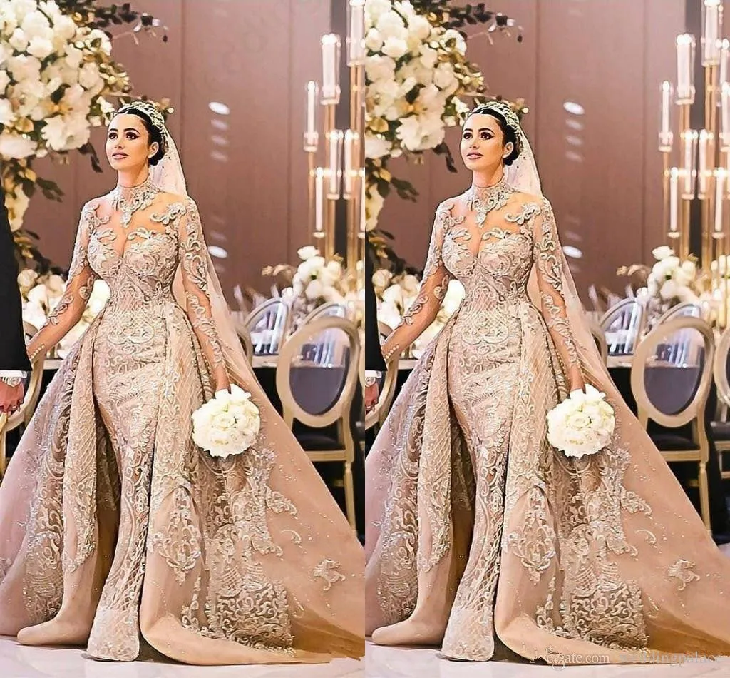 New Arabic Dubai Long Sleeve Wedding Dress Gorgeous High Neck 2020 Mermaid Lace Appliques Detachable Train Bridal Gown vestido de noiva 453