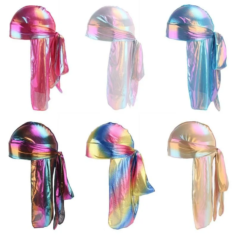 새로운 남여 긴 실크 새틴 통기성 터번 모자 가발 패션 두 Durag 자전거 Headwrap 항암 치료 모자 해적 모자 여성 남성 헤어 액세서리