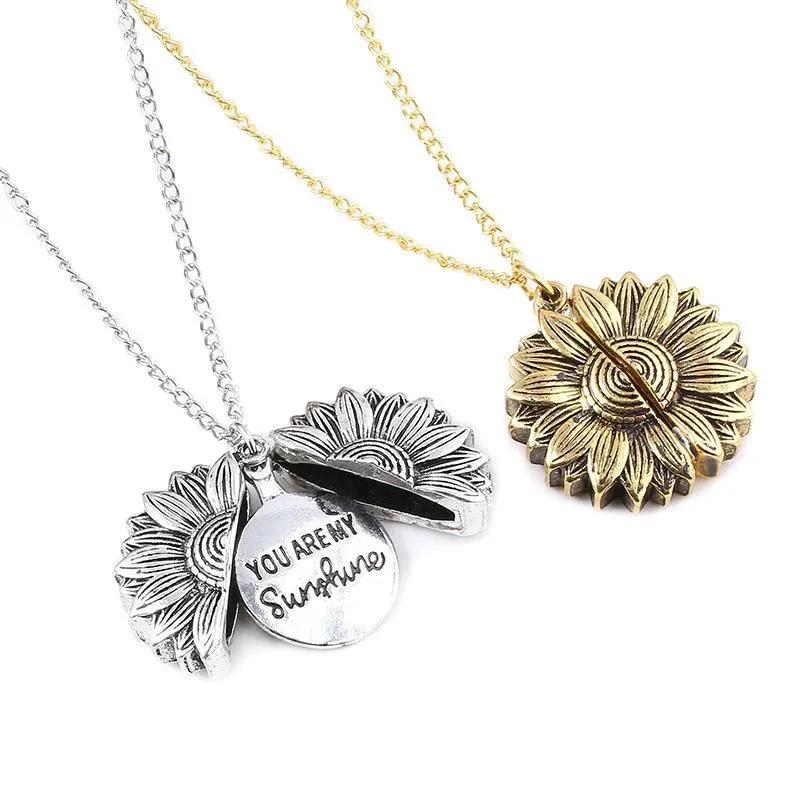 Gravierte „You Are My Sunshine“-Sonnenblumen-Medaillon-Halskette, Designer-Halskette, Designer-Schmuck, Damen-Halskette, Designer-Schmuck