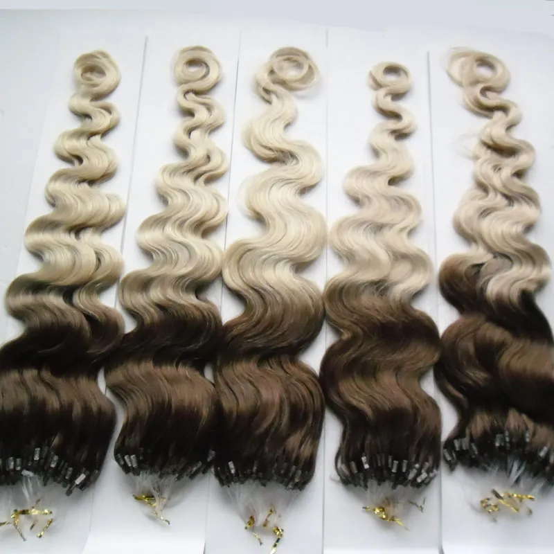 14 "-24" Ombre färg micro loop hårförlängningar kroppsvåg mikro pärla mänskliga hår remy brasilianska pärlor förlängningar 1g / 1s