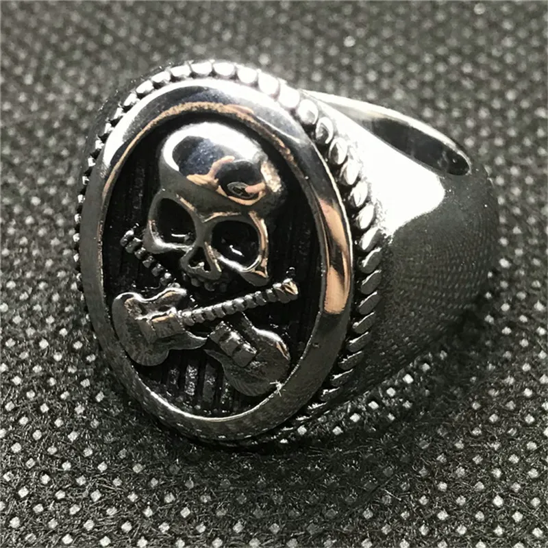 5 piezas tamaño 7-14 anillo de guitarra de calavera de plata dorada 316L acero inoxidable hombre niño motorista Rock música calavera Ring2659