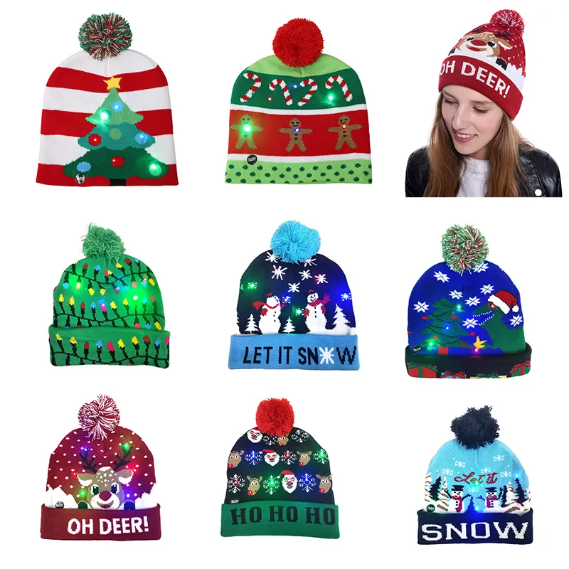 LED Christmas Hat Light Up Świąteczne unisex dzianinowe czapki zimowe cieplejsze czapki szydełka z kreskówek czapki imprezowe