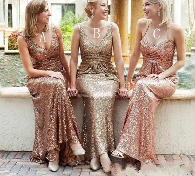 Rose Gold Sequined Gold Sequin Bridesmaid Dresses 2021 Sexy V Neck