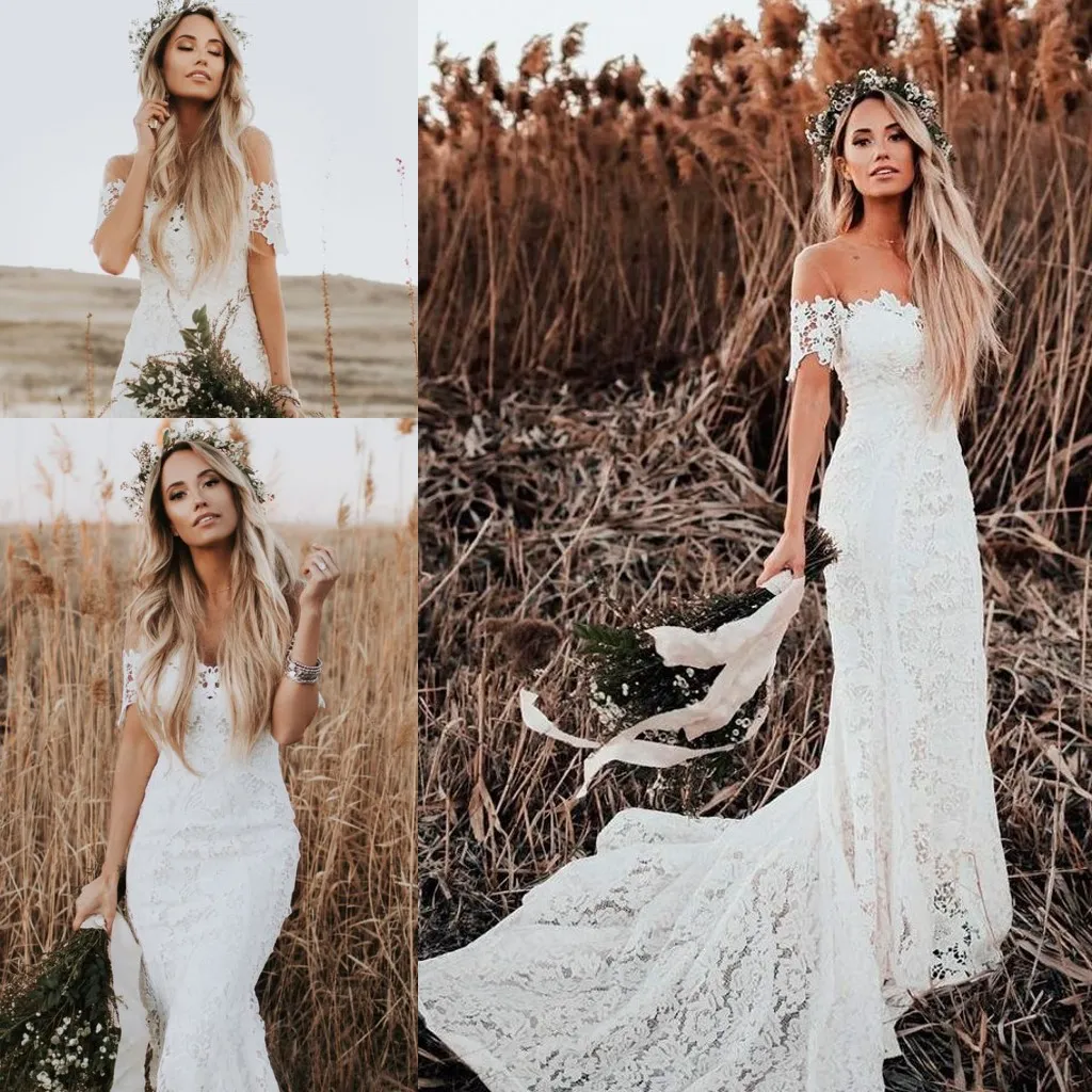 2019 Amante Sociedade Sereia Vestidos De Noiva Modestas Civil Vintage Crochet Lace Off Ombro Country Farm Jardim Boho Fishtail Bidal Vestido