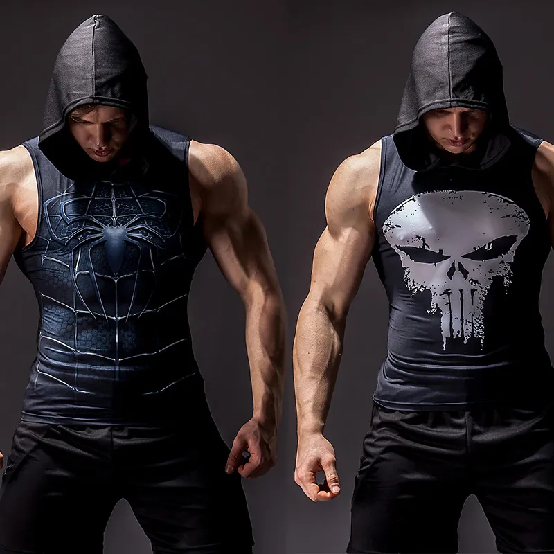 Camiseta sin mangas con estampado 3D de superhéroe para hombre, chaleco deportivo de alta elasticidad para culturismo, sudaderas con capucha sin mangas