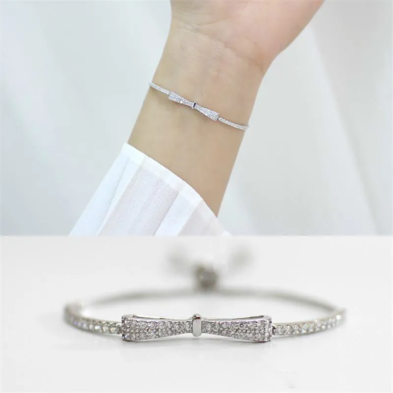 Groothandel-Nieuwe 100% 925 Sterling Zilveren Armband Box Chain Verstelbare Bal Kwastje Zirkoon Strik Armbanden Voor Vrouwen Studenten