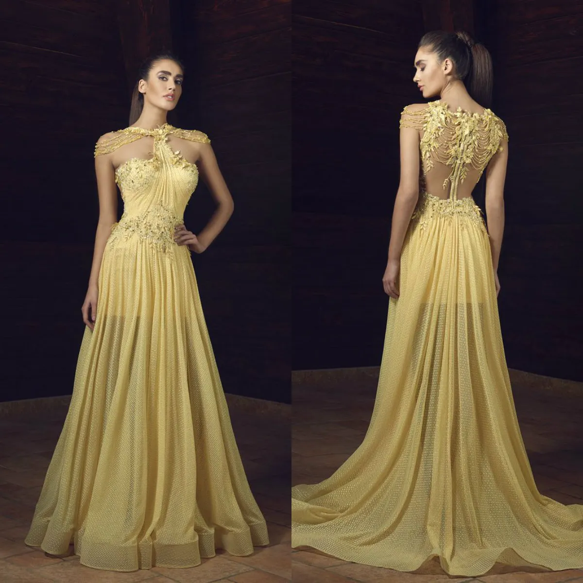 Elegant A Line Light Yellow Prom Dresses Jewel Lace Applique Beads Designer Evening Dress with Ruffles Sexy Bridal Gowns